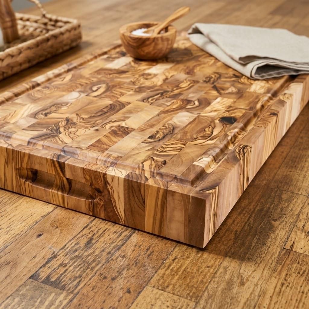 Large end-grain olive board on a table